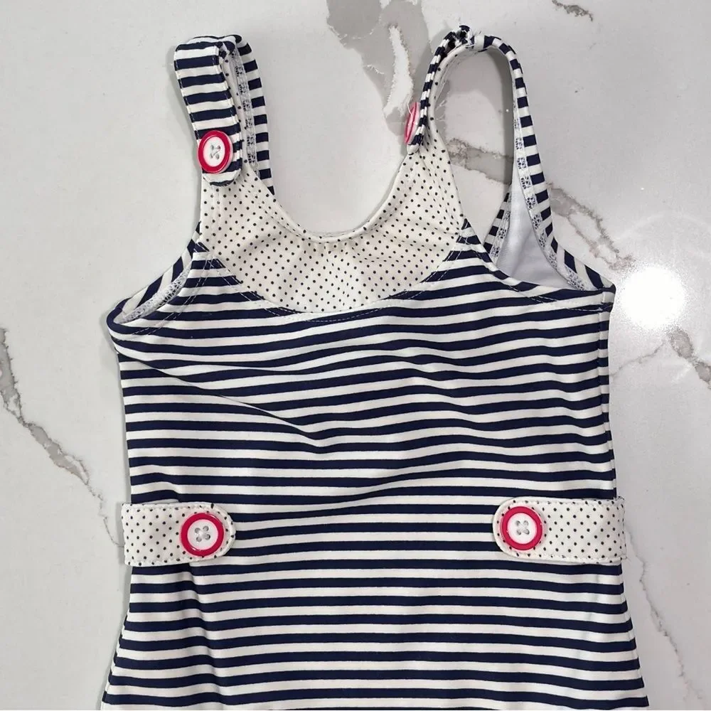 Janie And Jack One-Piece Swimsuit Nautical Stripes Polka Dot Buttons Size 12-18M